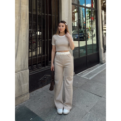Crop Pantolon Biyeli Takm Bej