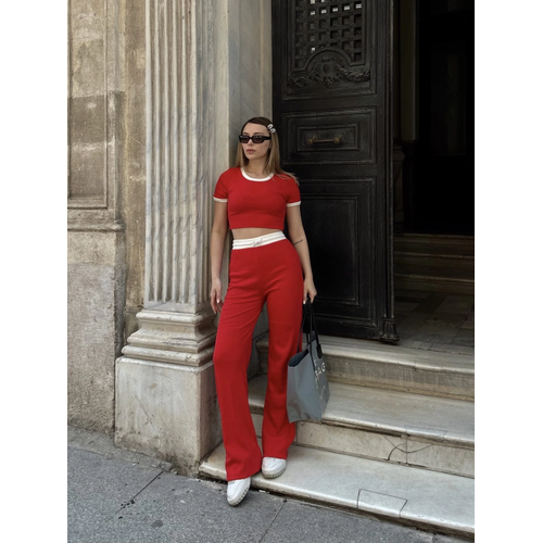 Crop Pantolon Biyeli Takm Krmz