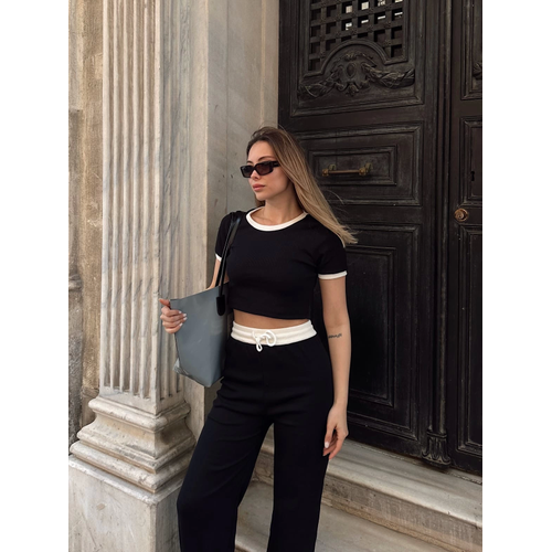 Crop Pantolon Biyeli Takm Siyah