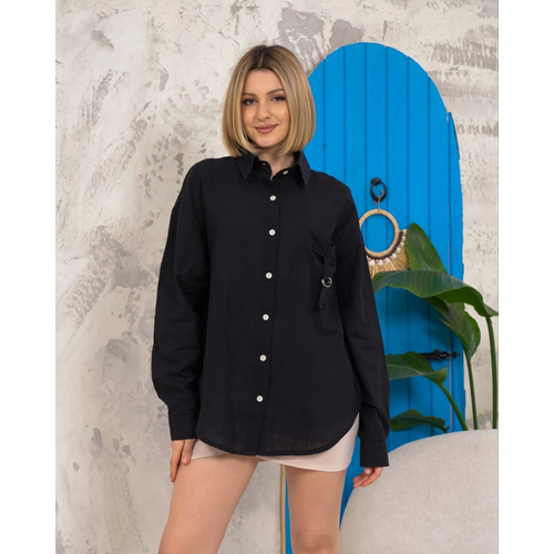 Relax Fit Keten Gmlek Siyah S255349