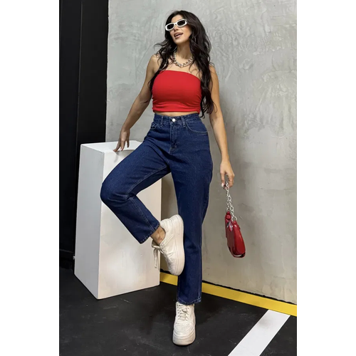 Dz Orta Kadn Mavi Slim Fit Mom Pantolon