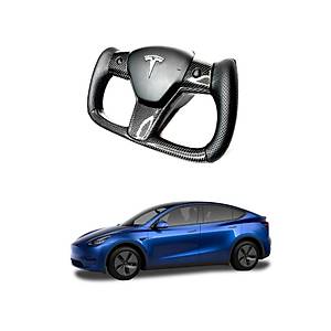 Tesla Model Y - Model 3 Yoke Stil Direksiyon Simidi - Delikli Deri - Parlak Siyah Karbon Fiber Kaplama - Is�tmal�