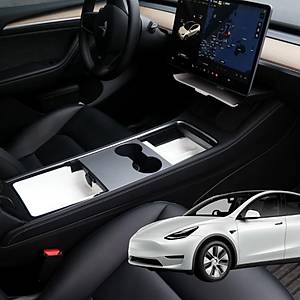 Tesla Model Y - Model 3 Orta Konsol ve Kol Dayama D�zenleyici Seti - Entegre Stok Kutusu - Ekran Alt� D�zenleyici - Beyaz