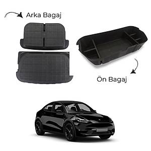 Tesla Model Y �n + Arka Bagaj D�zenleyici Seti - Su Ge�irmez - Siyah - 3 Adet Set