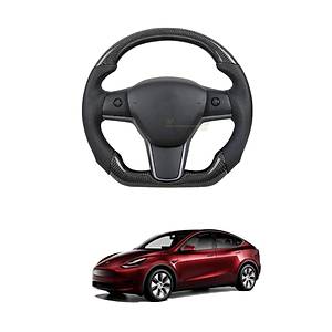 Tesla Model Y Direksiyon Simidi Delikli Deri Detayl� - Orta Panel Yan Panel Mat Karbon Siyah Kaplama