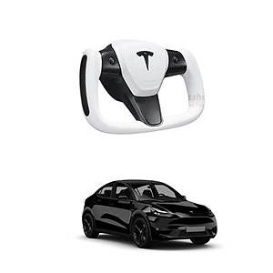 Tesla Model Y - Model 3 Yoke Stil Direksiyon Simidi - Napa Beyaz Deri - Siyah Kaplama