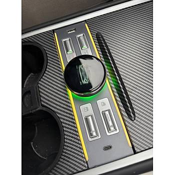 Tesla Model Y / Model 3 Fiziksel Dmeli Orta Konsol LCD USB Hub, Siyah Renk