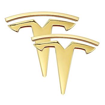 Tesla Model Y  / Model 3 n Kaput ve Arka Bagaj Kapa Tesla Logolar,  2 Adet Set, Altn Rengi