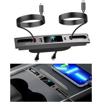 Tesla Model Y/ Model 3  Orta Konsol USB Girii Teleskopik Hzl arj Type C Ve Iphone PD uyumlu , Siyah Renk