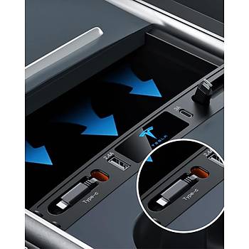 Tesla Model Y/Model 3 Orta Konsol Kaplamas� USB Giri�i Teleskopik H�zl� �arj 4'l� Kablo Merkezi - Siyah