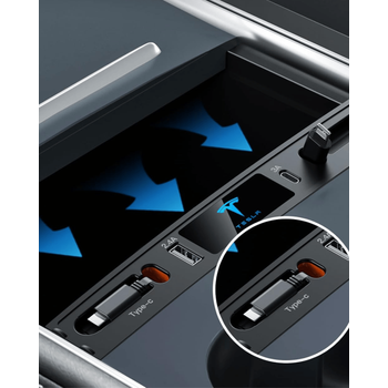 Tesla Model Y/ Model 3  Orta Konsol USB Girii Teleskopik Hzl arj Type C Ve Iphone PD uyumlu , Siyah Renk