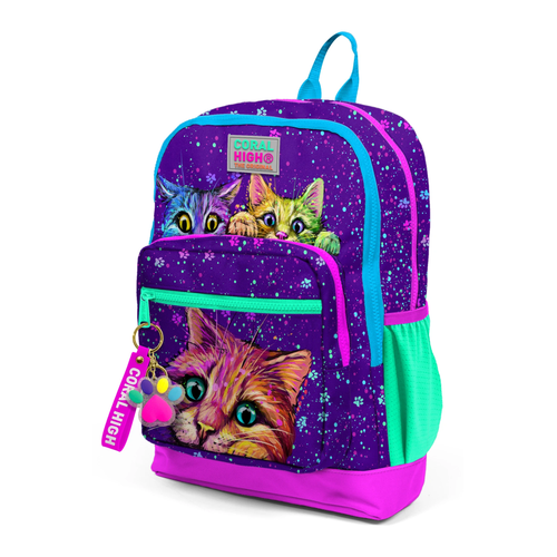 Coral High Kids Mor Pembe Kedi Desenli D�rt B�lmeli Okul S�rt �antas�