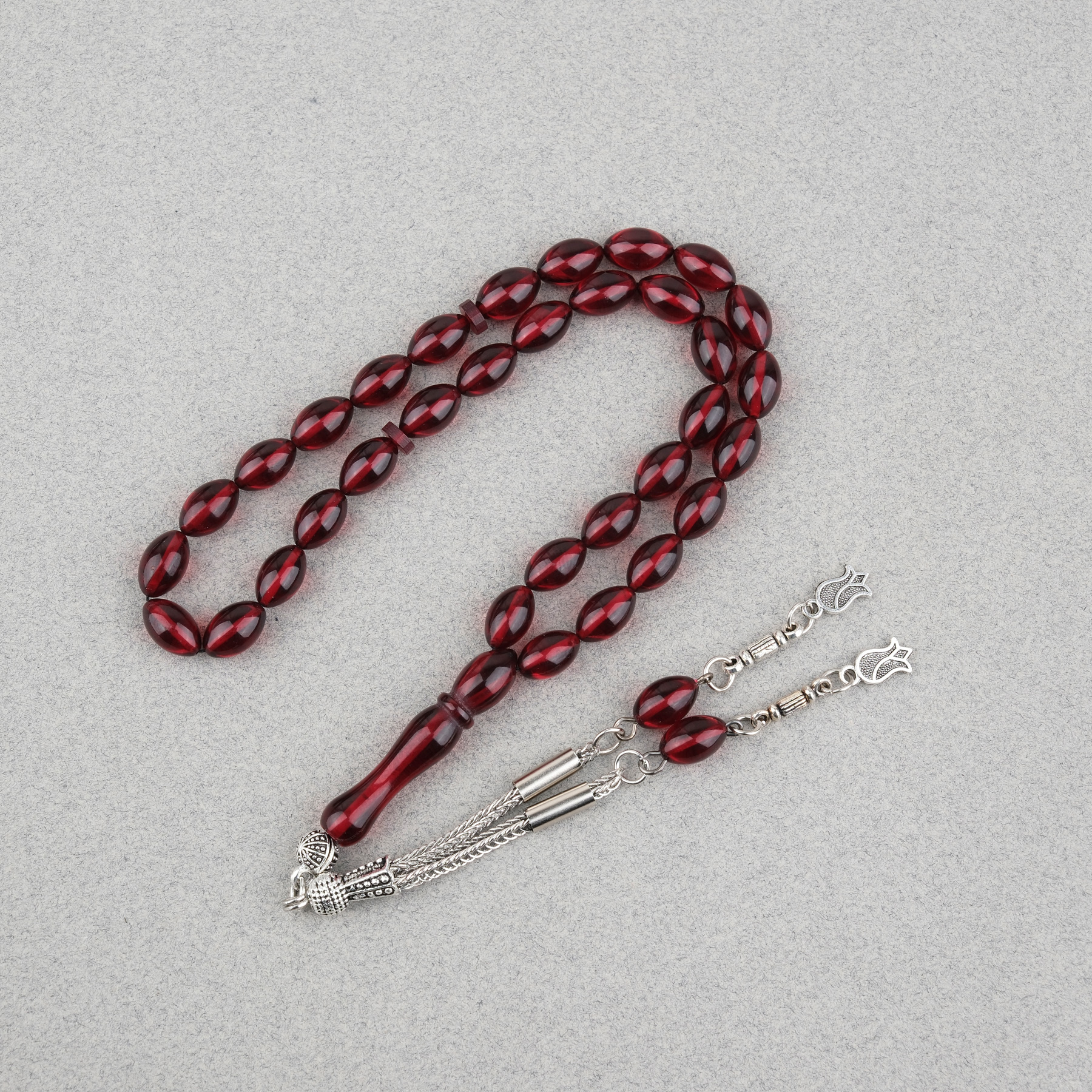Sıkma Kehribar Beyzi Kesim Alpaka Püsküllü 7x11mm Tesbih Kırmızı