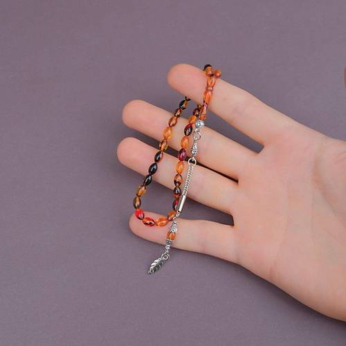 Ate� Kehribar Beyzi Kesim Bilek Boy 5x8mm Tesbih Alpaka P�sk�ll� Sar� K�rm�z�