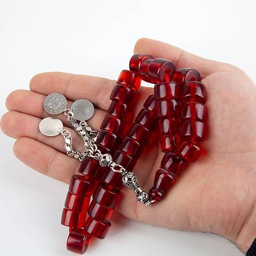 Osmanl Ate-i Kehribar 1900'ler Dnem i 925 Ayar Gm Galip Model mame F Kesim 14.5x10mm Tesbih