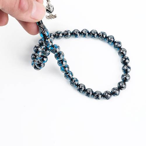 Ate Kehribar 925Ayar Gm akm ve Gm Pskl Bilek Boy Kre Kesim 8.5mm Tesbih - Mavi