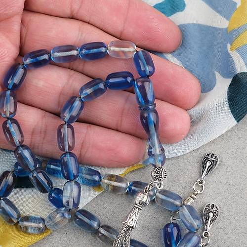 S�kma Kehribar Kaps�l Kesim Alpaka P�sk�ll� 7x11mm Tesbih A��k Mavi
