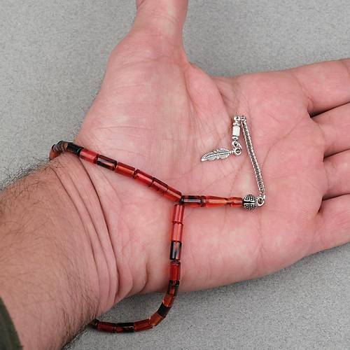 Ate� Kehribar Alpaka P�sk�ll� Kesme Kesim 4x7mm Tesbih- Siyah-K�rm�z�