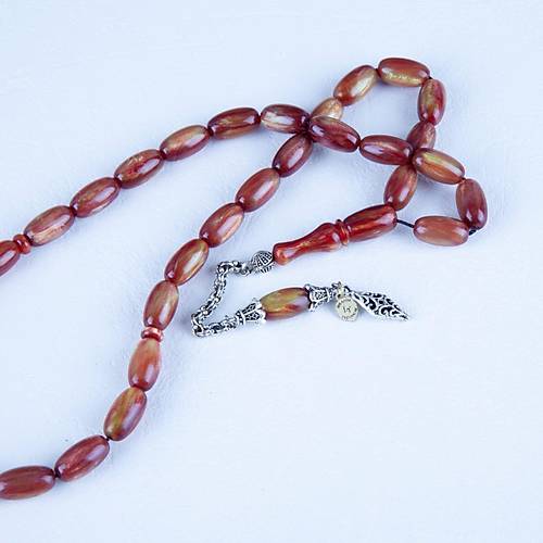 Sedefli S�kma Kehribar Alpaka P�sk�l Arpa Kesim 8x15.5mm Tesbih - A��k Ye�il - K�rm�z� - �brahim Ye�ilnacar Usta ��i