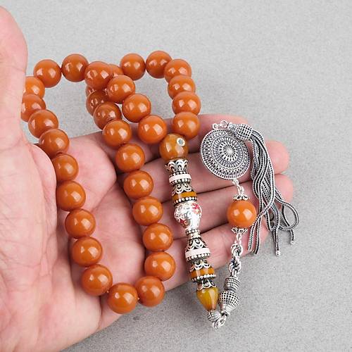 S�kma Kehribar 925Ayar G�m�� P�sk�l �zel G�m�� Nak�� �mame K�re Kesim 13mm Tesbih