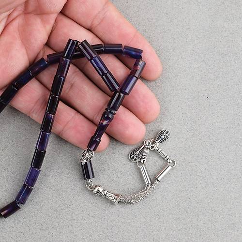 S�kma Kehribar Kesme Kesim Alpaka P�sk�ll� 6x10mm Tesbih Mor