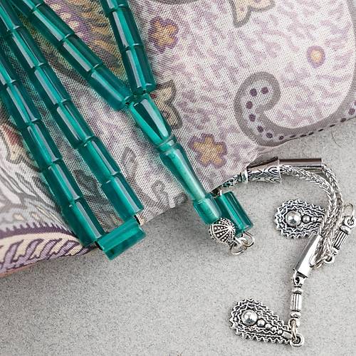 S�kma Kehribar Kesme Kesim Alpaka P�sk�ll� 6x10mm Tesbih A��k Ye�il