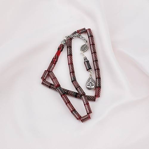 Ate Kehribar 925Ayar Gm akm ve Gm Pskl Kesme Kesim 5.5x9.5mm Tesbih -Krmz