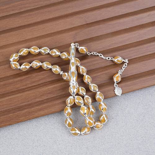 G�m�� Kaplama Kafesli Mine Beyzi 7x9mm Tesbih - Sar�