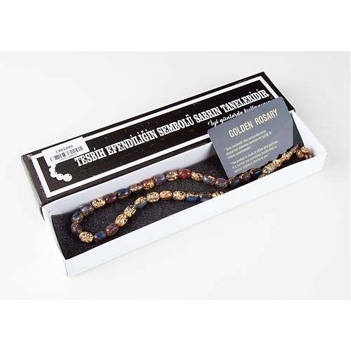 Sertifikal� Alt�n Varakl� Kaps�l Kesim U�ak Cam� 9x12mm Tesbih - Kar���k Renkli
