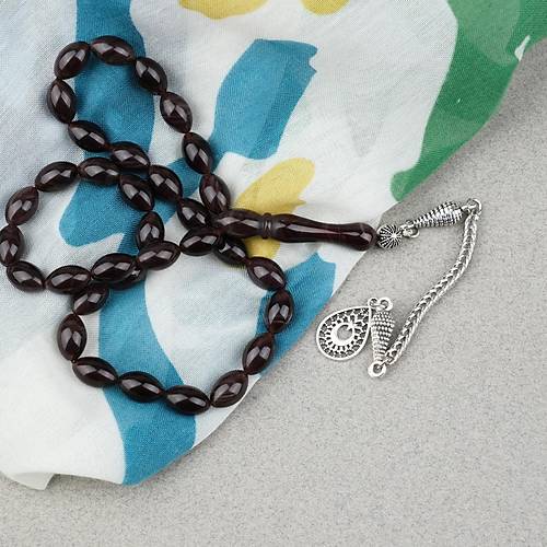 S�kma Kehribar Alpaka P�sk�ll� Beyzi Kesim 7x11mm Tesbih- Kahverengi