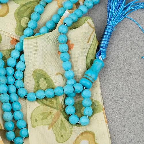 Firuze Ta�� Elmas Kesim �p P�sk�ll� 99'luk 5.5x6mm Tesbih- Turkuaz