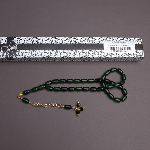 S�kma Kehribar Kaps�l Kesim Alt�n Renk P�sk�ll� 7x11mm Tesbih Koyu Ye�il