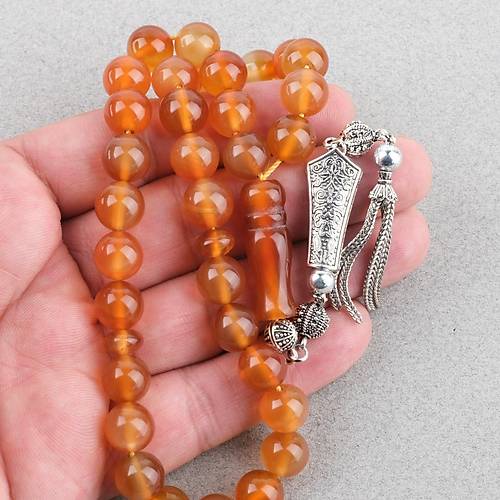 Akik Ta�� Habbe ve �mame Dahil Akik Alpaka P�sk�l K�re kesim 10mm Tesbih