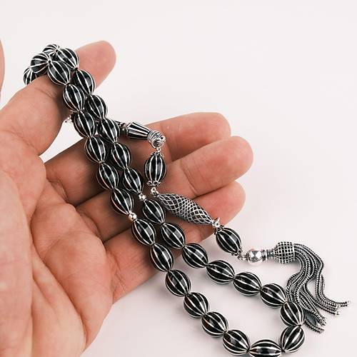 Erzurum Oltu 925Ayar Gm akm ve Pskl 12li Karpuz Dilim Beyzi Kesim 8.5x11.5mm Tesbih