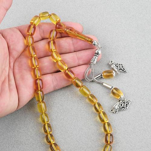 Ate� Kehribar Ayy�ld�z ��lemeli �mame Kaps�l Kesim 9x11mm Tesbih - Sar�