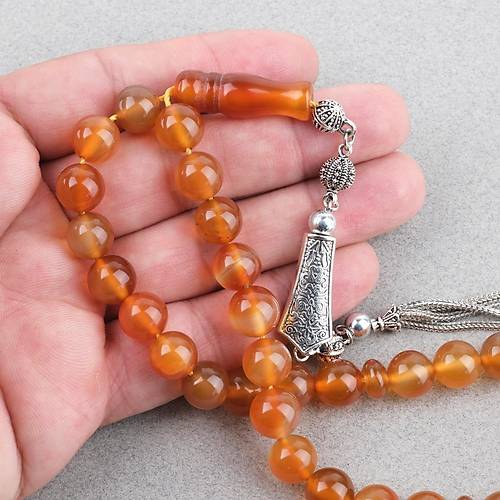 Akik Ta�� Habbe ve �mame Dahil Akik Alpaka P�sk�l K�re kesim 10mm Tesbih