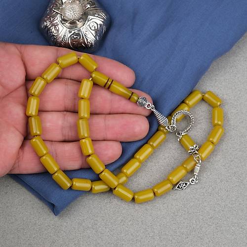 S�kma Kehribar Alpaka P�sk�ll� Kaps�l Kesim 7x11.5mm Tesbih - Ya� Ye�ili