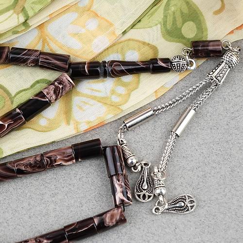 S�kma Kehribar Kesme Kesim Alpaka P�sk�ll� 6x10mm Tesbih