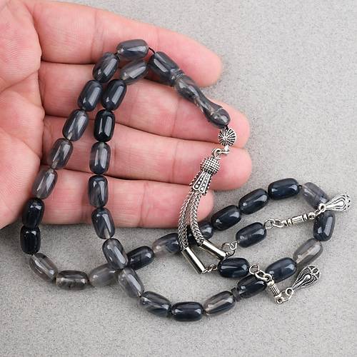 S�kma Kehribar Kaps�l Kesim Alpaka P�sk�ll� 7x11mm Tesbih Gri