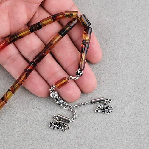 S�kma Kehribar Kesme Kesim Alpaka P�sk�ll� 6x10mm Tesbih Sar� K�rm�z�