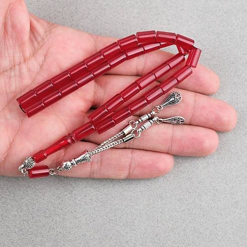 S�kma Kehribar Kesme Kesim Alpaka P�sk�ll� 6x10mm Tesbih K�rm�z�