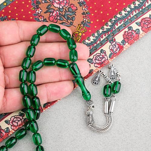 Ate� Kehribar Kaps�l Kesim Alpaka P�sk�ll� 7x11mm Tesbih Ye�il