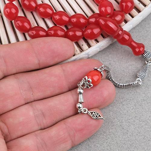 S�kma Kehribar Alpaka P�sk�ll� Beyzi Kesim 9x11mm Tesbih - K�rm�z�