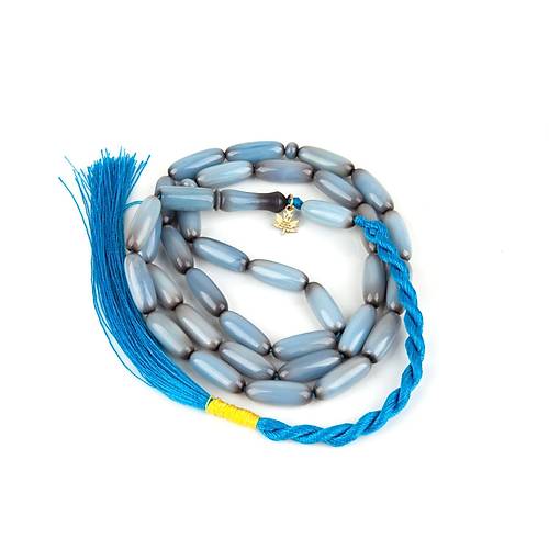 Skma Kehribar Uzun Arpa Kesim7x12mm Tesbih - Ak Mavi