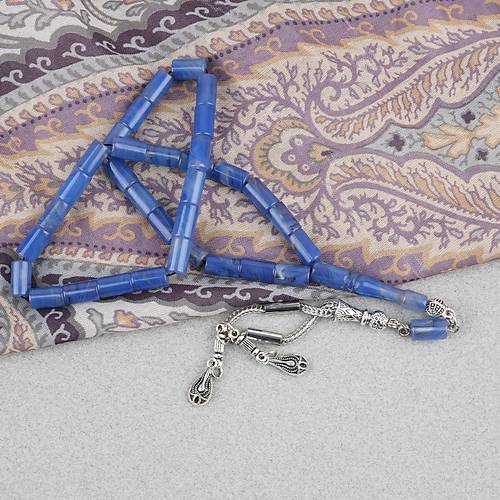 S�kma Kehribar Kesme Kesim Alpaka P�sk�ll� 6x10mm Tesbih Mavi