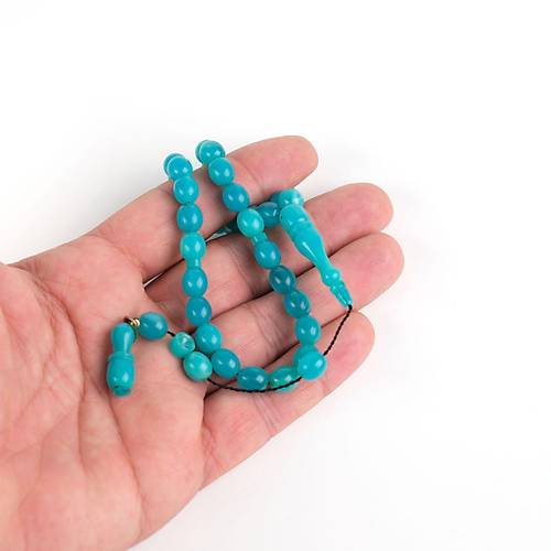S�kma Kehribar Beyzi Kesim Bilek Boy 7x8.5mm Tesbih - Turkuaz