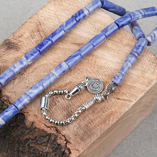 S�kma Kehribar Alpaka P�sk�ll� Kesme Kesim 6x10mm Tesbih - Krem - Mavi