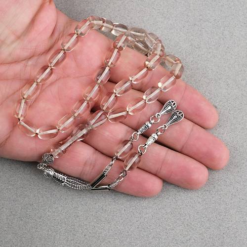 Ate� Kehribar Kaps�l Kesim Alpaka P�sk�ll� 7x11mm Tesbih �effaf