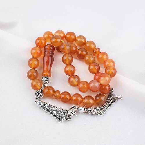 Akik Ta�� Habbe ve �mame Dahil Akik Alpaka P�sk�l K�re kesim 10mm Tesbih