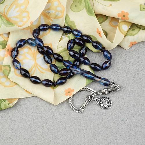 S�kma Kehribar Alpaka P�sk�ll� Beyzi Kesim 7x11mm Tesbih- Lacivert